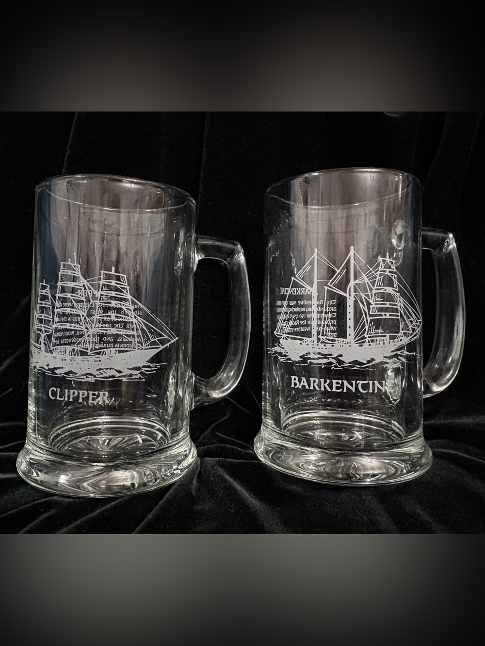 Set of 2 Clear Glass Etched 12 oz Beer Mugs Clipper & Barkentine Sailing Ships